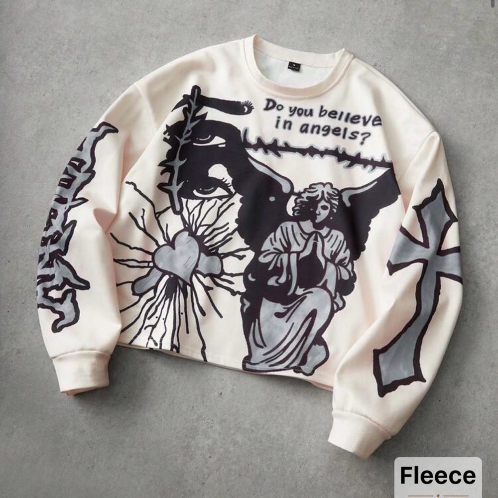 Graphic Angel Print Fleece Sweatshirt - Cream